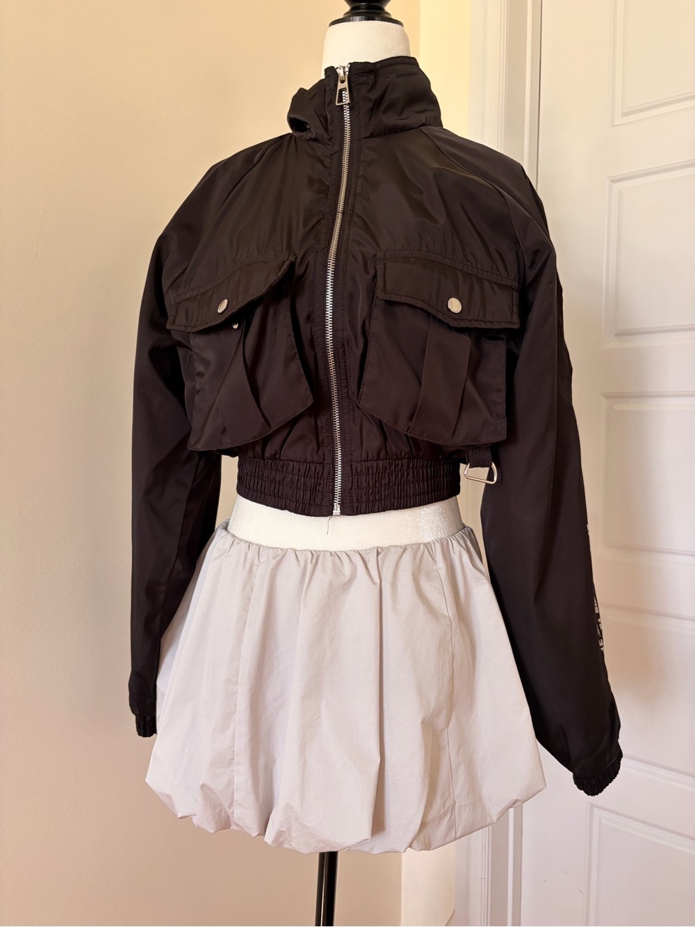 Black Cropped Utility Windbreaker Jacket